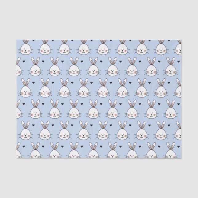 Süße weiße Hasengesichter und Herzen Muster Blau Seidenpapier (Vorderseite)
