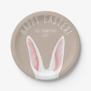 Süße weiße Hasenohren auf beigem Happy Easter Pappteller