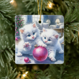 Süße weiße Kätzchen rosa Weihnachten personalisier Keramikornament
