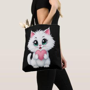 Süße weiße Katze hält ein Herz 1 Tasche