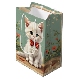 Süße weiße Katze mit Fliege Mittlere Geschenktüte
