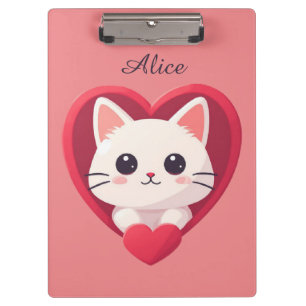 Süße weiße Katze mit Herz Kawaii Kitty Liebesdesig Klemmbrett