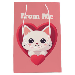 Süße weiße Katze mit Herz Kawaii Kitty Liebesdesig Mittlere Geschenktüte