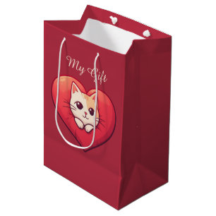 Süße weiße Katze mit Herz Kawaii Kitty Liebesdesig Mittlere Geschenktüte