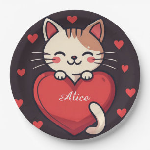 Süße weiße Katze mit Herz Kawaii Kitty Liebesdesig Pappteller
