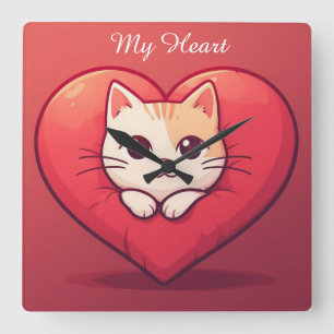 Süße weiße Katze mit Herz Kawaii Kitty Liebesdesig Quadratische Wanduhr