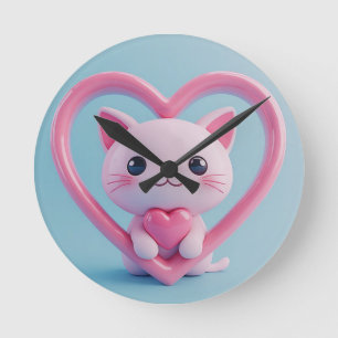 Süße weiße Katze mit Herz Kawaii Kitty Liebesdesig Runde Wanduhr