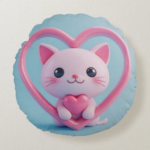 Süße weiße Katze mit Herz Kawaii Kitty Liebesdesig Rundes Kissen