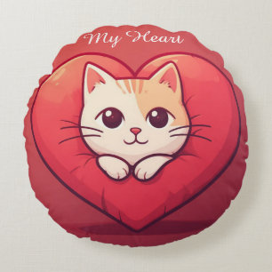 Süße weiße Katze mit Herz Kawaii Kitty Liebesdesig Rundes Kissen