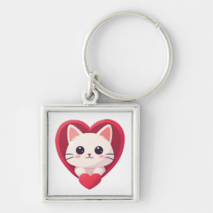 Süße weiße Katze mit Herz Kawaii Kitty Liebesdesig Schlüsselanhänger