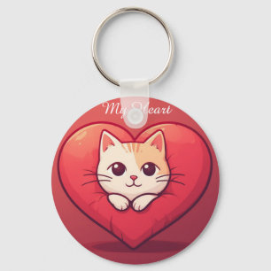 Süße weiße Katze mit Herz Kawaii Kitty Liebesdesig Schlüsselanhänger