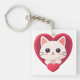 Süße weiße Katze mit Herz Kawaii Kitty Liebesdesig Schlüsselanhänger