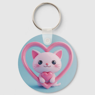 Süße weiße Katze mit Herz Kawaii Kitty Liebesdesig Schlüsselanhänger