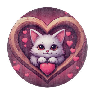 Süße weiße Katze mit Herz Kawaii Kitty Liebesdesig Schneidebrett