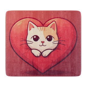 Süße weiße Katze mit Herz Kawaii Kitty Liebesdesig Schneidebrett