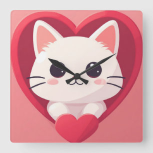 Süße weiße Katze mit Herz Kawaii Kitty Love Design Quadratische Wanduhr