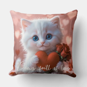 Süße weiße Katze mit Herz & Rosen, Valentinsgesche Kissen