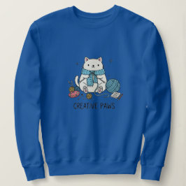 Süße weiße Katze strickt blaues Garn gemütliches D Sweatshirt
