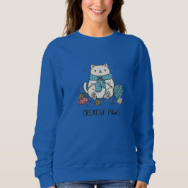 Süße weiße Katze strickt blaues Garn gemütliches D Sweatshirt