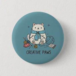 Süße weiße Katze strickt blaues Garn Hobby Designe Button