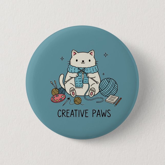 Süße weiße Katze strickt blaues Garn Hobby Designe Button (Vorderseite)