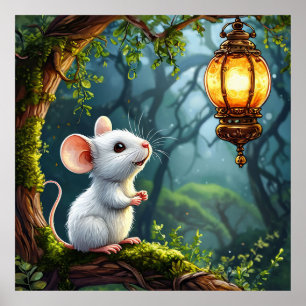 🐭🏮 Süße weiße Maus Laterne Nacht Gemütliche Kuns Poster