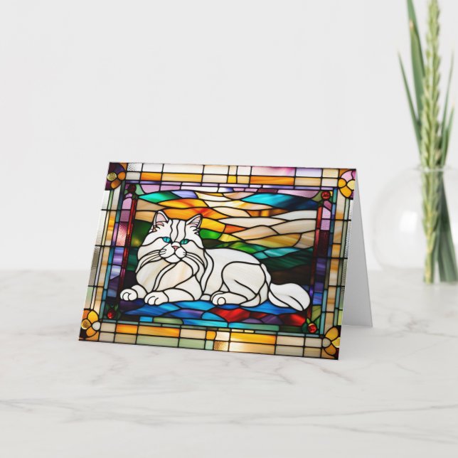 Süße weiße Perserkatze in Buntglas Karte (Vorderseite)