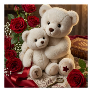 Süße weiße Teddybären mit roten Blumen Kunst Fleec Poster