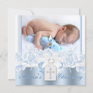 Süße Weiße und Babyblaue Taufe Einladung