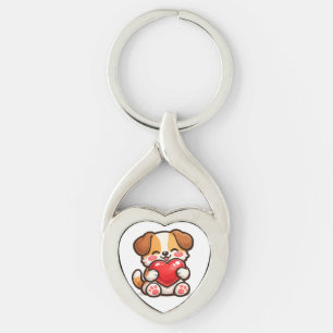 Süße Welpen-Herz-Tasse – Kawaii Hund umarmt rotes Schlüsselanhänger