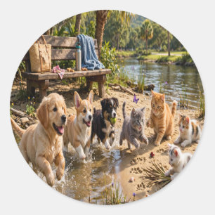 Süße Welpen & Kätzchen Flußufer-Abenteuer Rund  Runder Aufkleber
