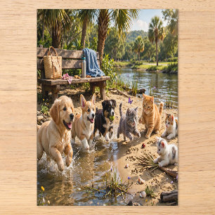 Süße Welpen & Katzen am Fluss Abenteuer Acryleinladungen