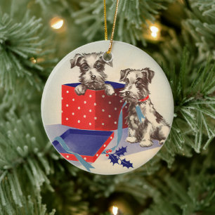 Süße Welpen, Vintage-Weihnachtsgrüße Keramik Ornament