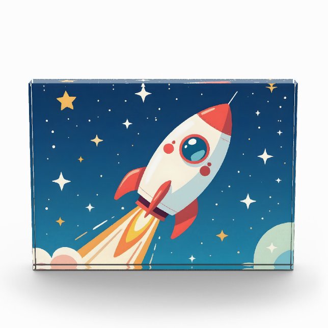 Süße Weltraumrakete beim Start Fotoblock (Vorderseite)