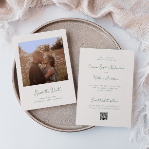 Süße whimische Elfenbein und Salbei Foto und QR- Save The Date