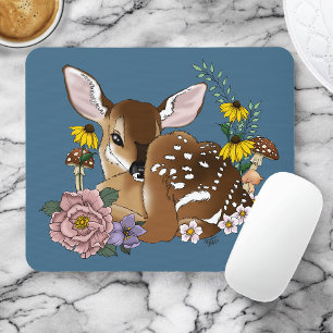 Süße Wildblumen Reh Blau Baby Reh Waldland Mousepad
