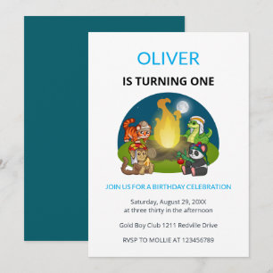 Süße wilde Tiere Lagerfeuer Kinder Erster Geburtst Einladung