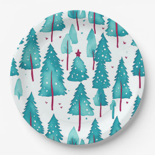 Süße Winter-Weihnachtsbäume Schnee Wald Wasserfarb Pappteller