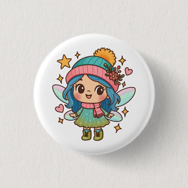 Süße Winterfee Kawaii Pastell Fantasy Kunst Button (Vorderseite)