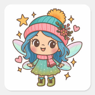 Süße Winterfee Kawaii Pastell Fantasy Kunst Quadratischer Aufkleber