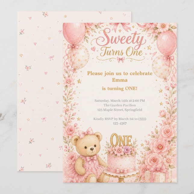 Süße wird Eins Pink Gold Mädchen Einladung (Vorne/Hinten)