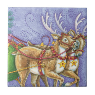 Süße Zeichentrick-Weihnachtsmann-Schlitten-Rentier Fliese