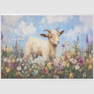 Süße Ziege umgeben von Decoupage-Wildblumen Seidenpapier