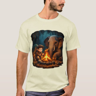 „Süßer 3D-Junge und Elefant-Lagerfeuer-Aufkleber i T-Shirt
