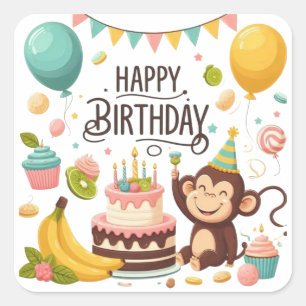 Süßer Affe Alles Gute Zum Geburtstag Party Quadratischer Aufkleber