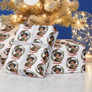 Süßer afroamerikanischer Junge und Welpe Weihnacht Geschenkpapier