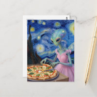 Süßer Alien im rosa Kleid isst Pizza Faux Van Gogh