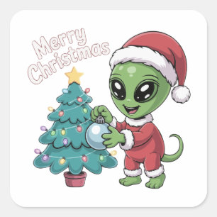 Süßer Alien Weihnachtsmann Lustiger Weihnachtsurla Quadratischer Aufkleber