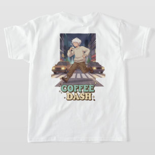 Süßer Anime-Junge läuft durch die Stadt mit Kaffee T-Shirt
