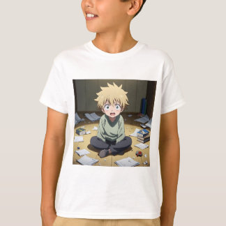 Süßer Anime-Junge überrascht im unordentlichen Zim T-Shirt